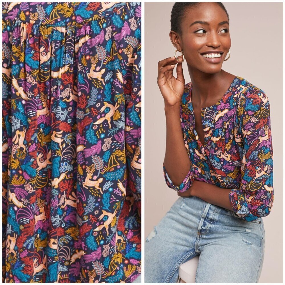 💕ANTHROPOLOGIE💕 Colloquial Yoked Buttondown Blouse Oh Deer Novelty Print US 10